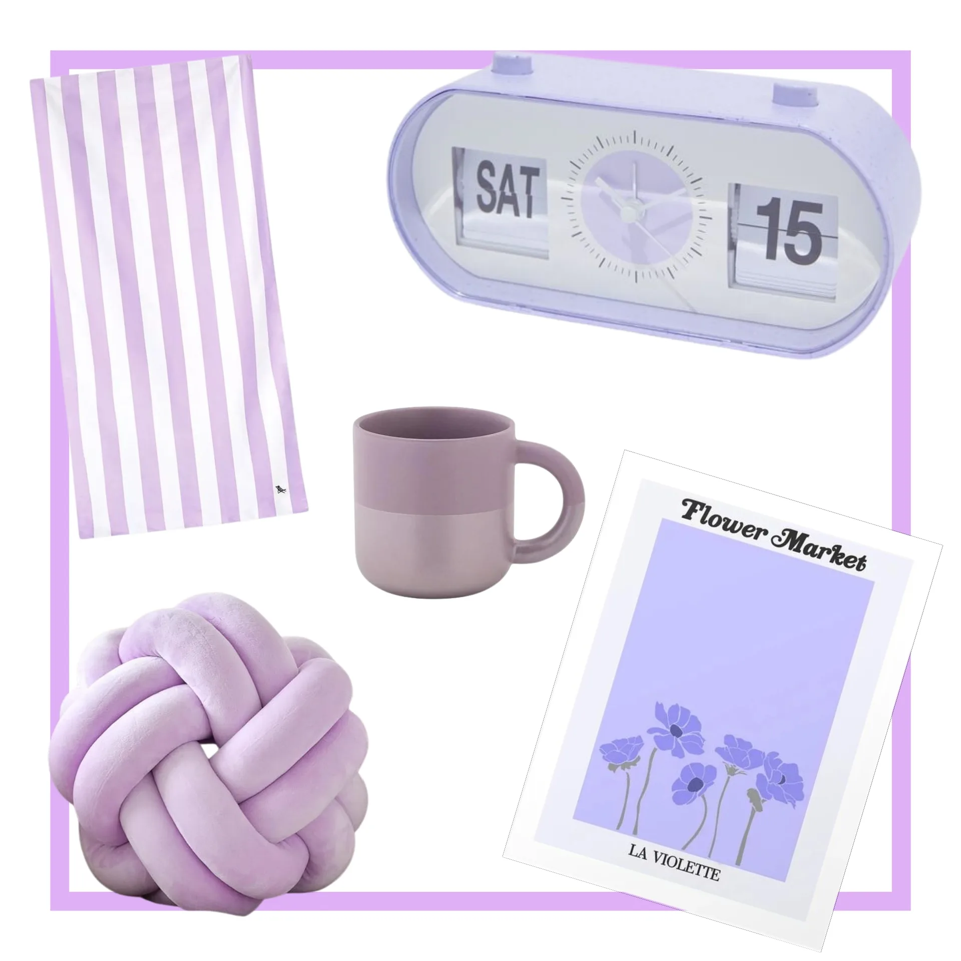 Collage of lilac coloured homewares