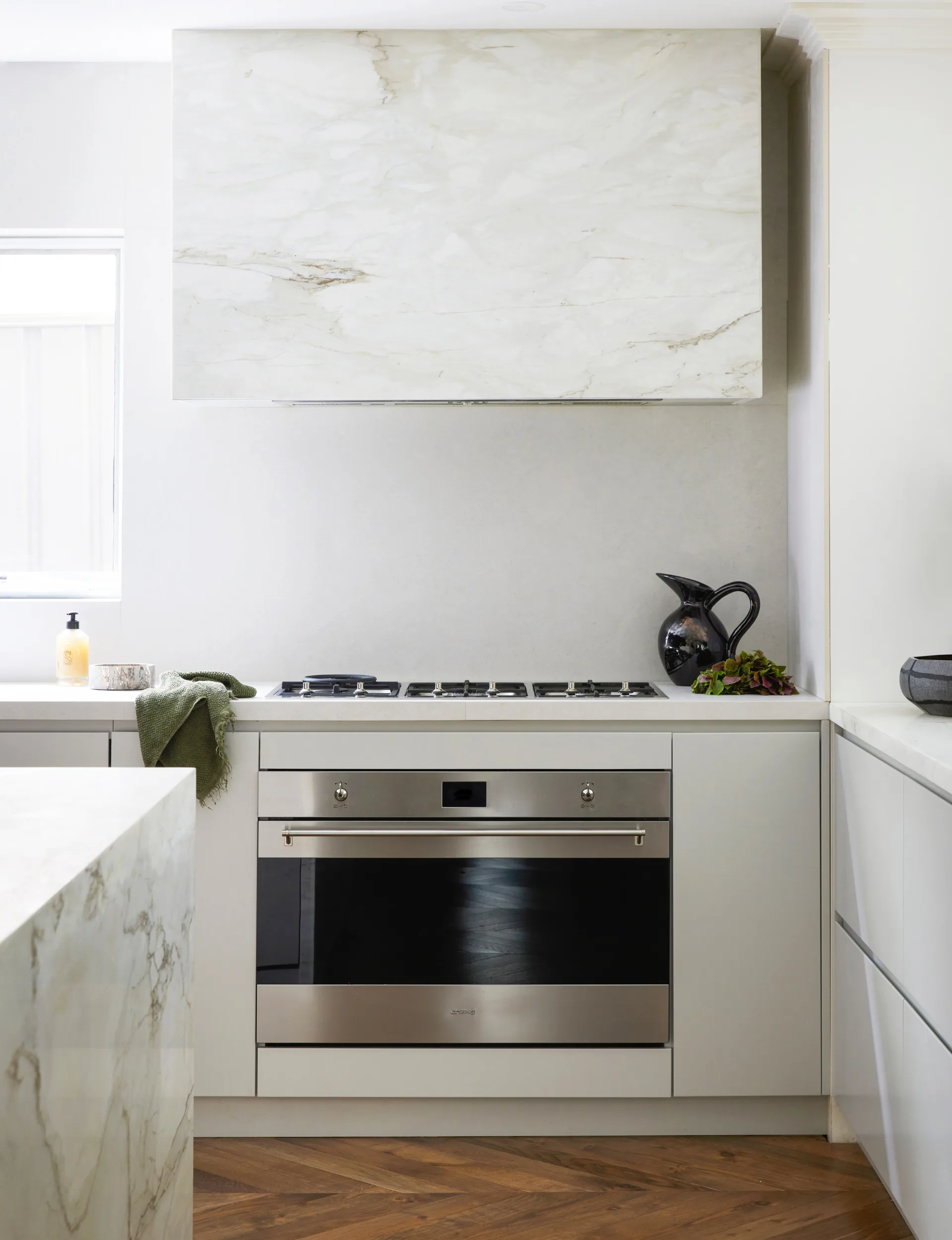 Benji and Zoe Marshall's white marble kitchen