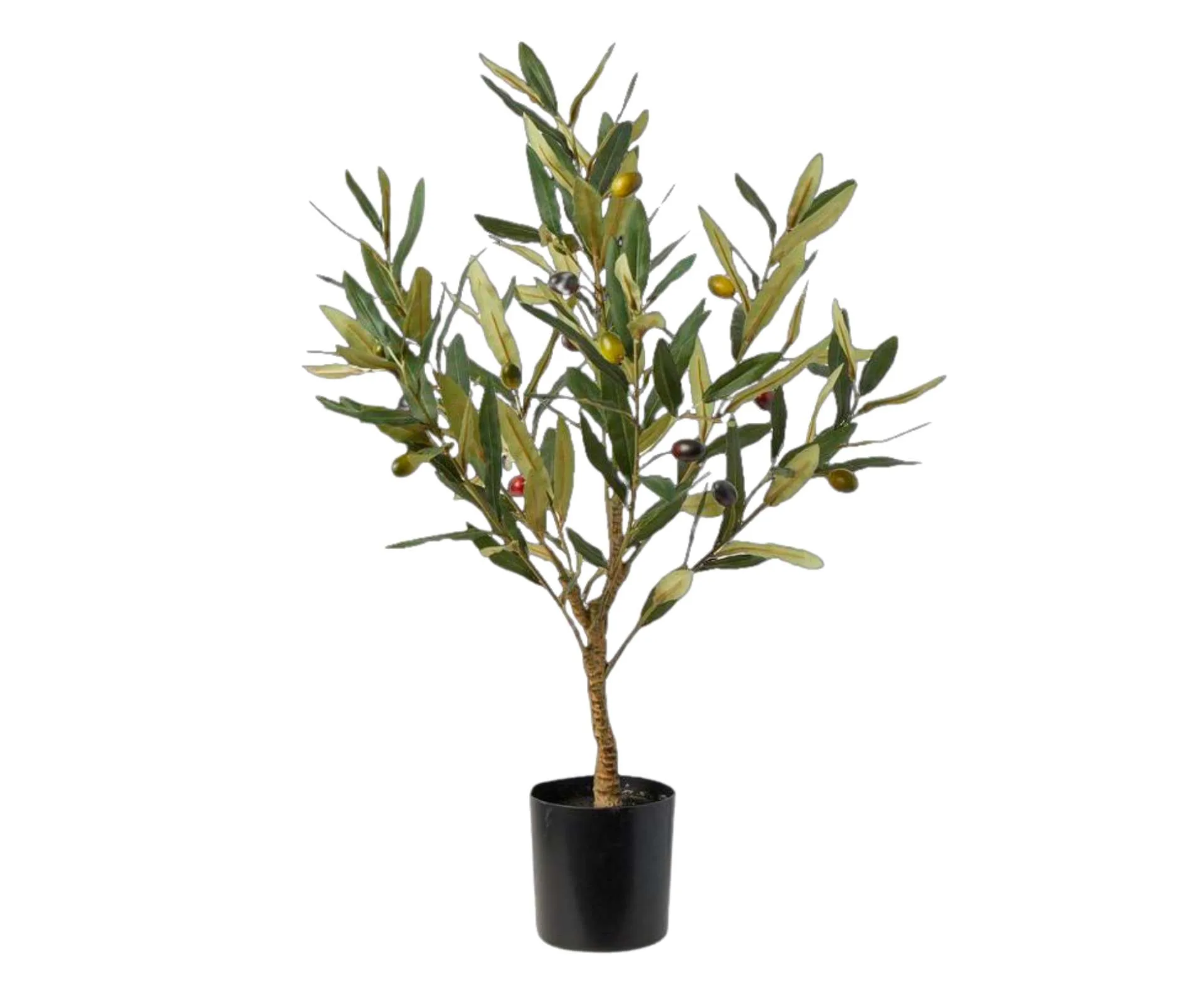 A fake olive tree in a plastic pot