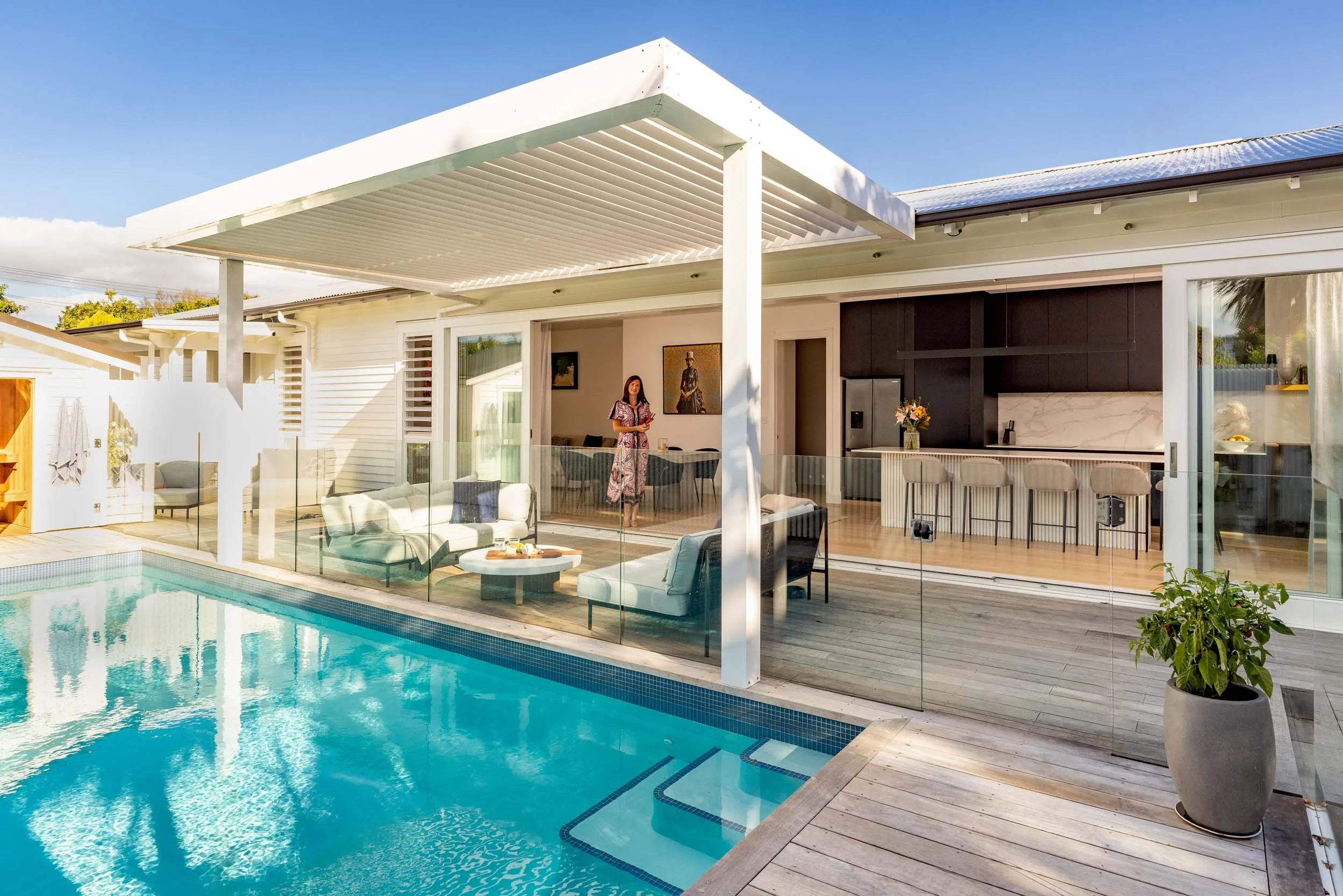 The view of the pool and the back of the Mount Eden renovation