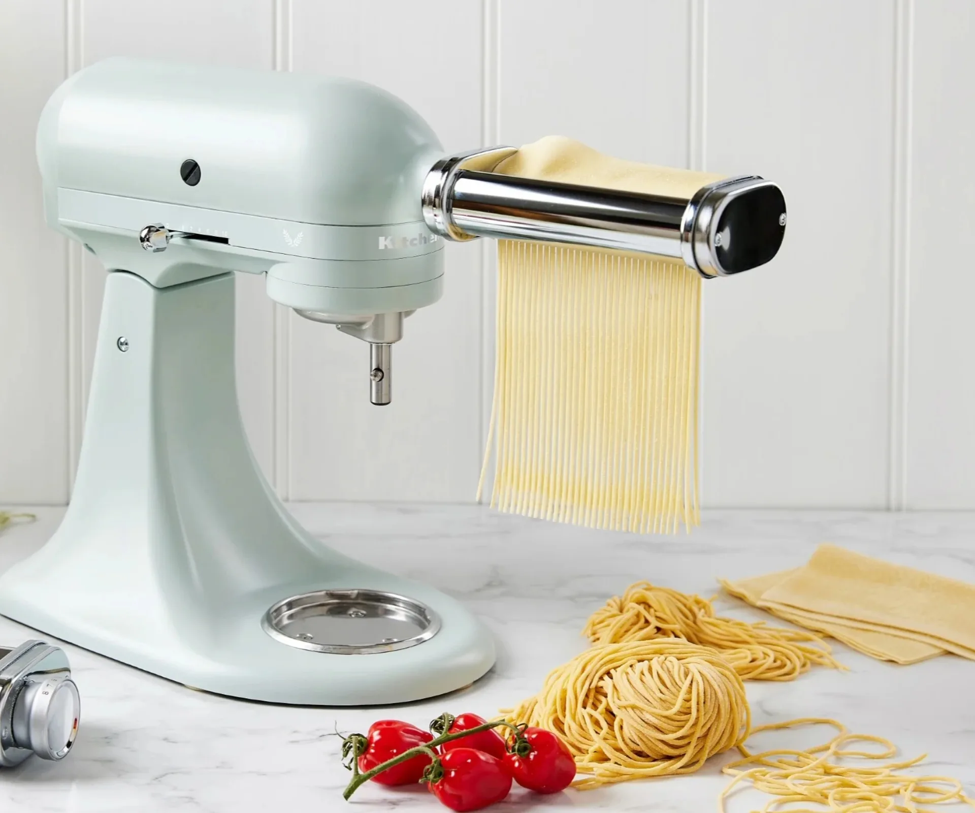 KitchenAid pasta cutter on a stand mixer