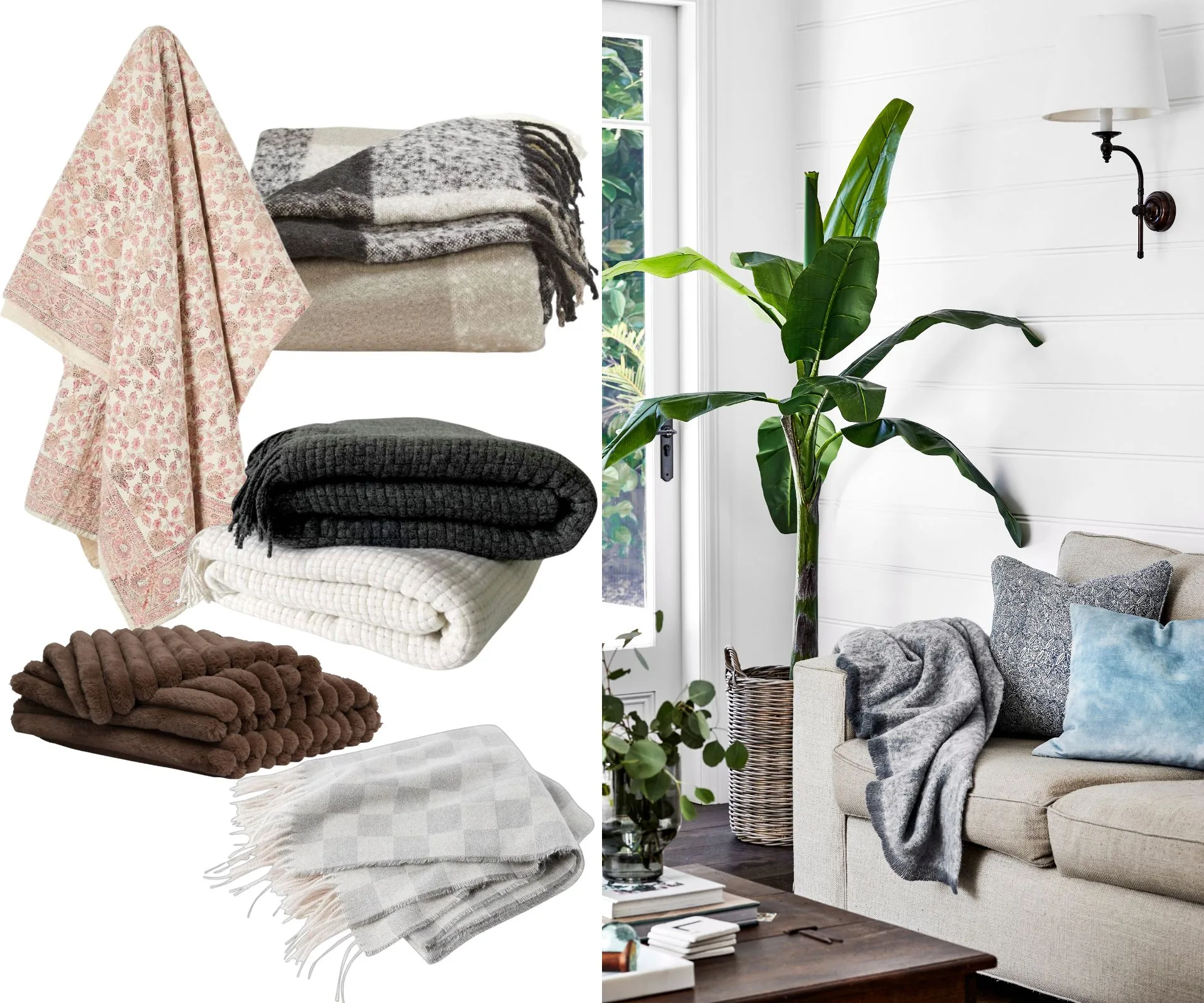 A collage of multiple throw blankets beside a photo of a couch and putted plant covered in soft furnishings