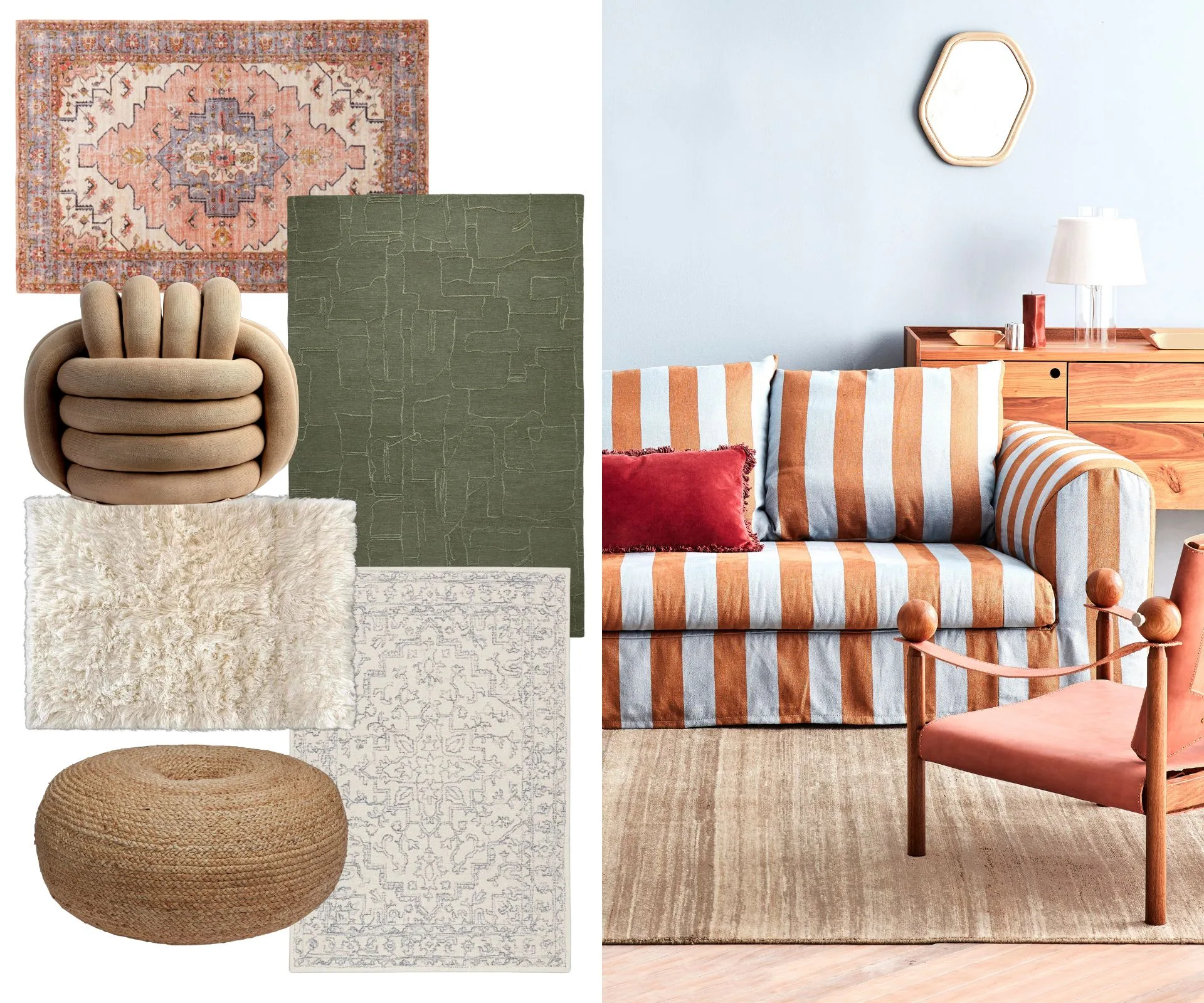 A collage of rugs and pouffes beside a photo of an orange striped couch