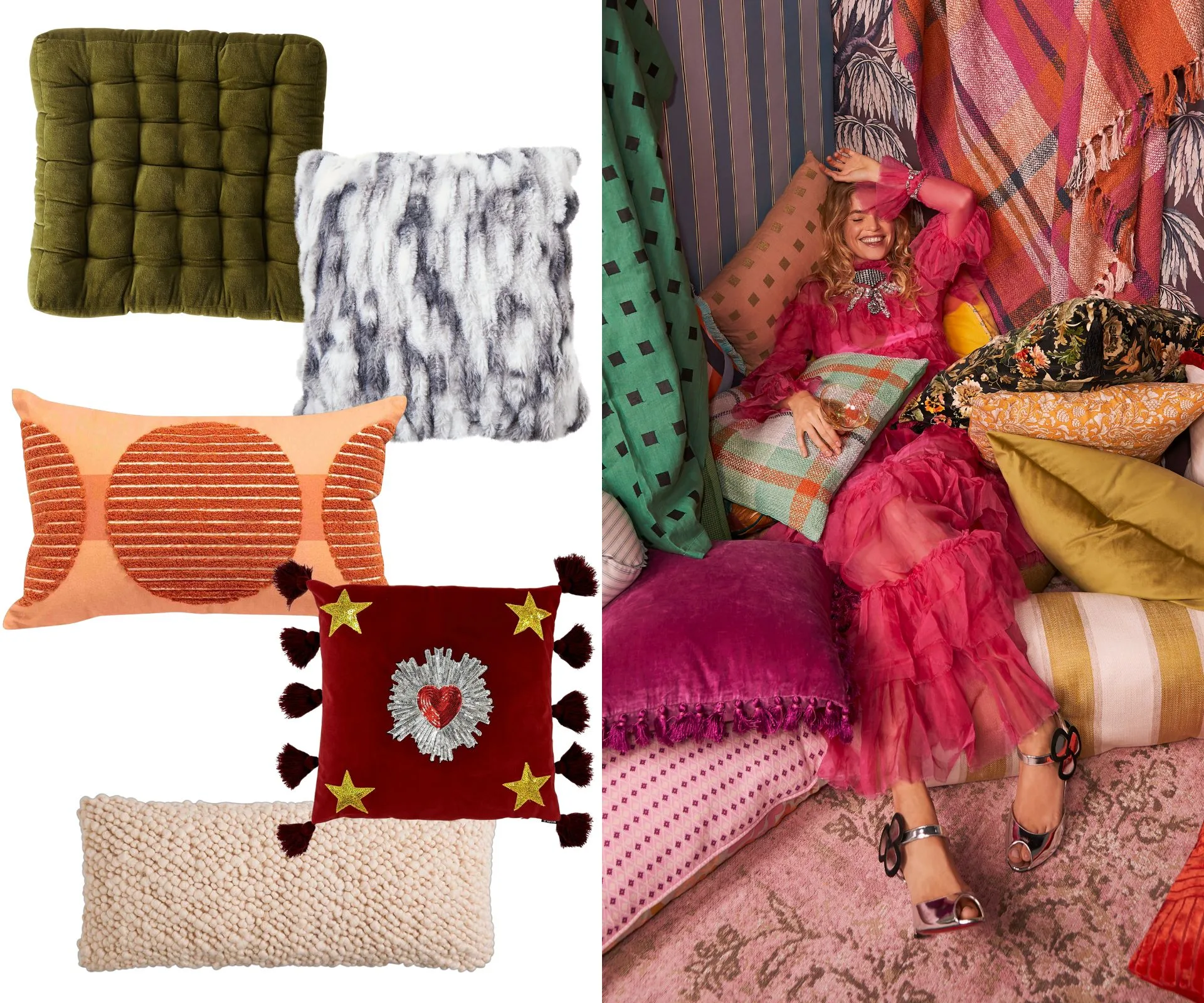 A collage of multiple cushions beside a photo of a woman laying in a pile of soft furnishings