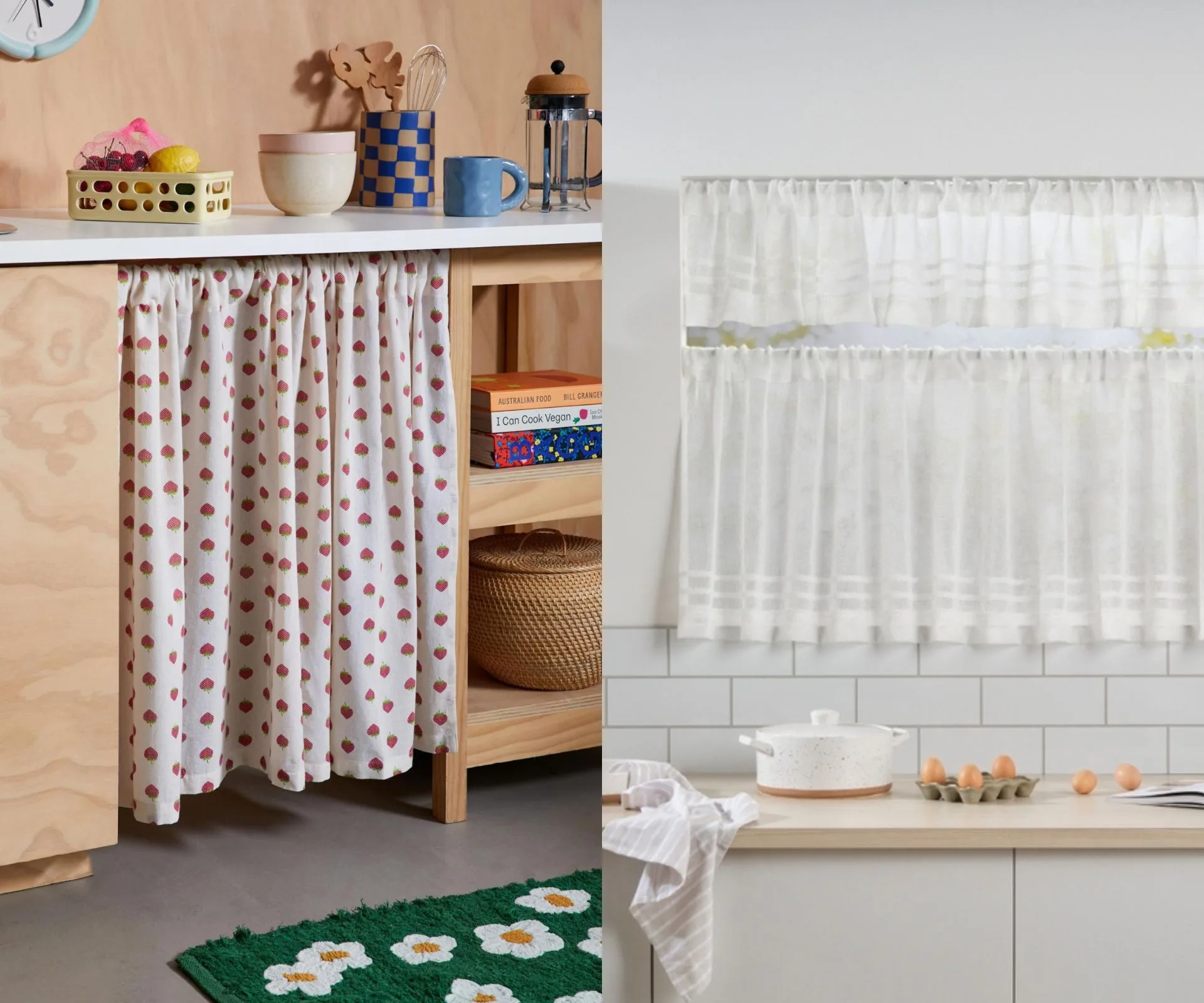 Two images side-by-side of curtains hanging in a kitchen