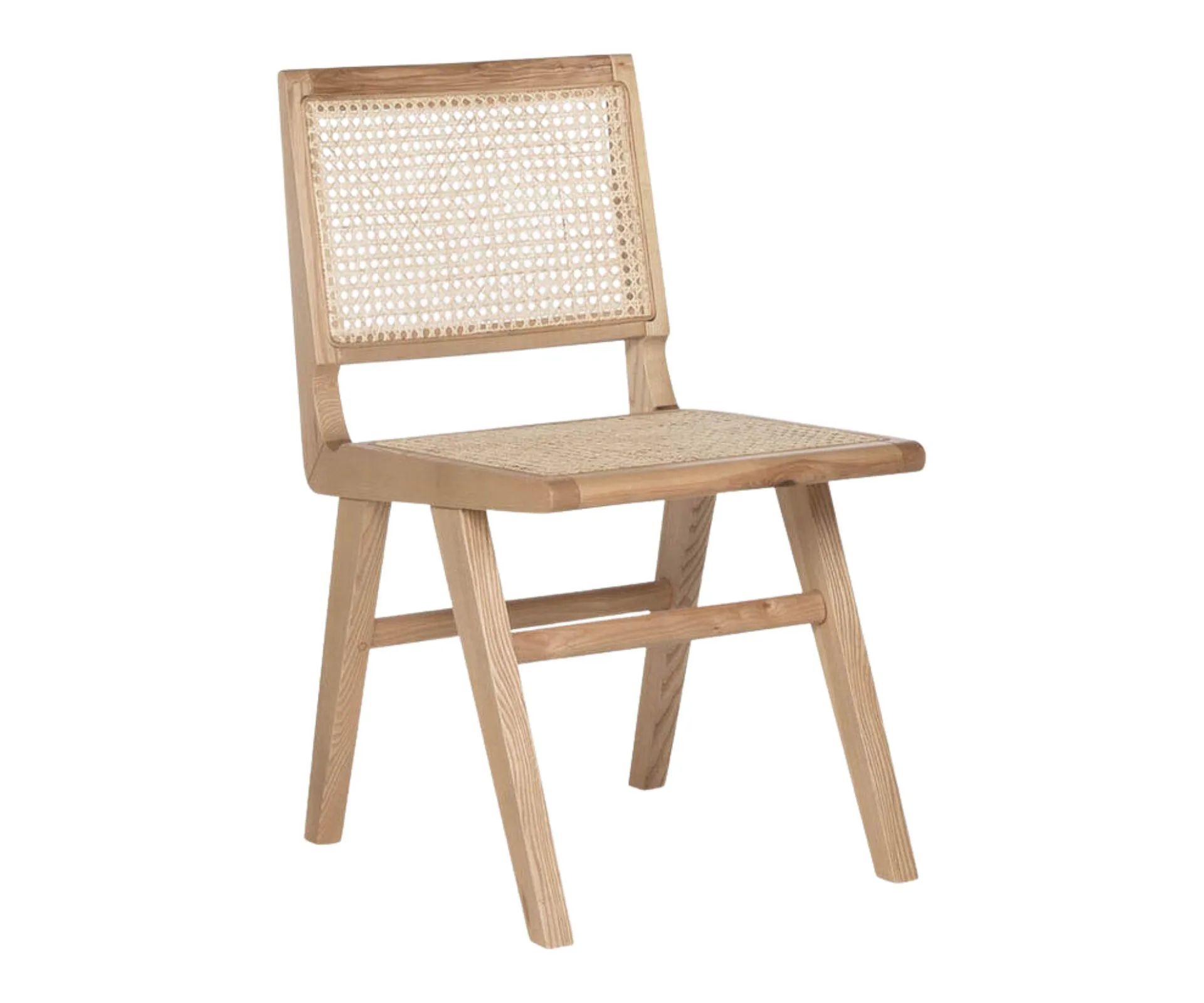A wooden dining chair with woven rattan