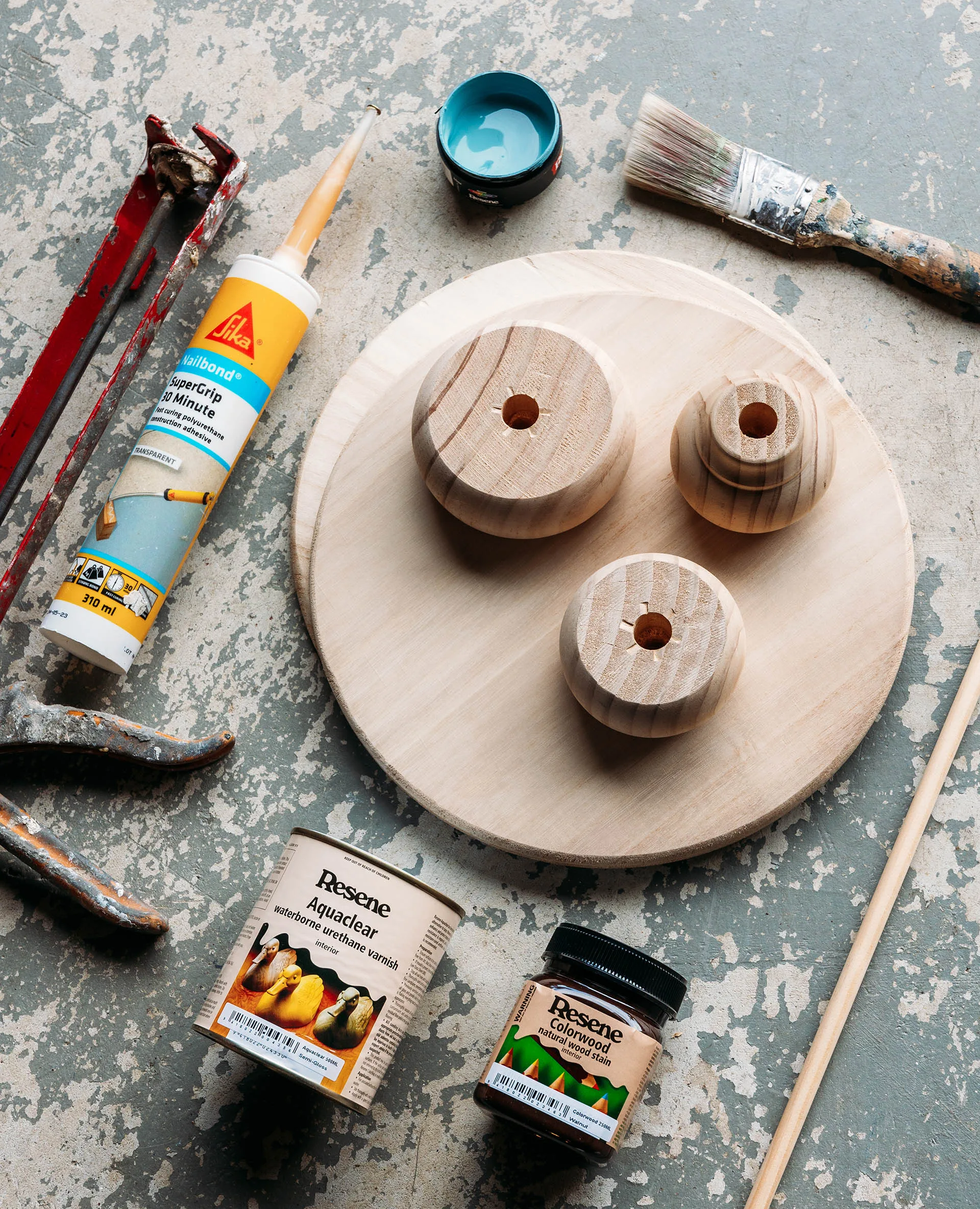 All the things you will need to make this bedside table. 6-8 wooden furniture feet, paint, drill with a 12mm drill bit, liquid nails, 12mm dowel, handsaw and varnish or sealer