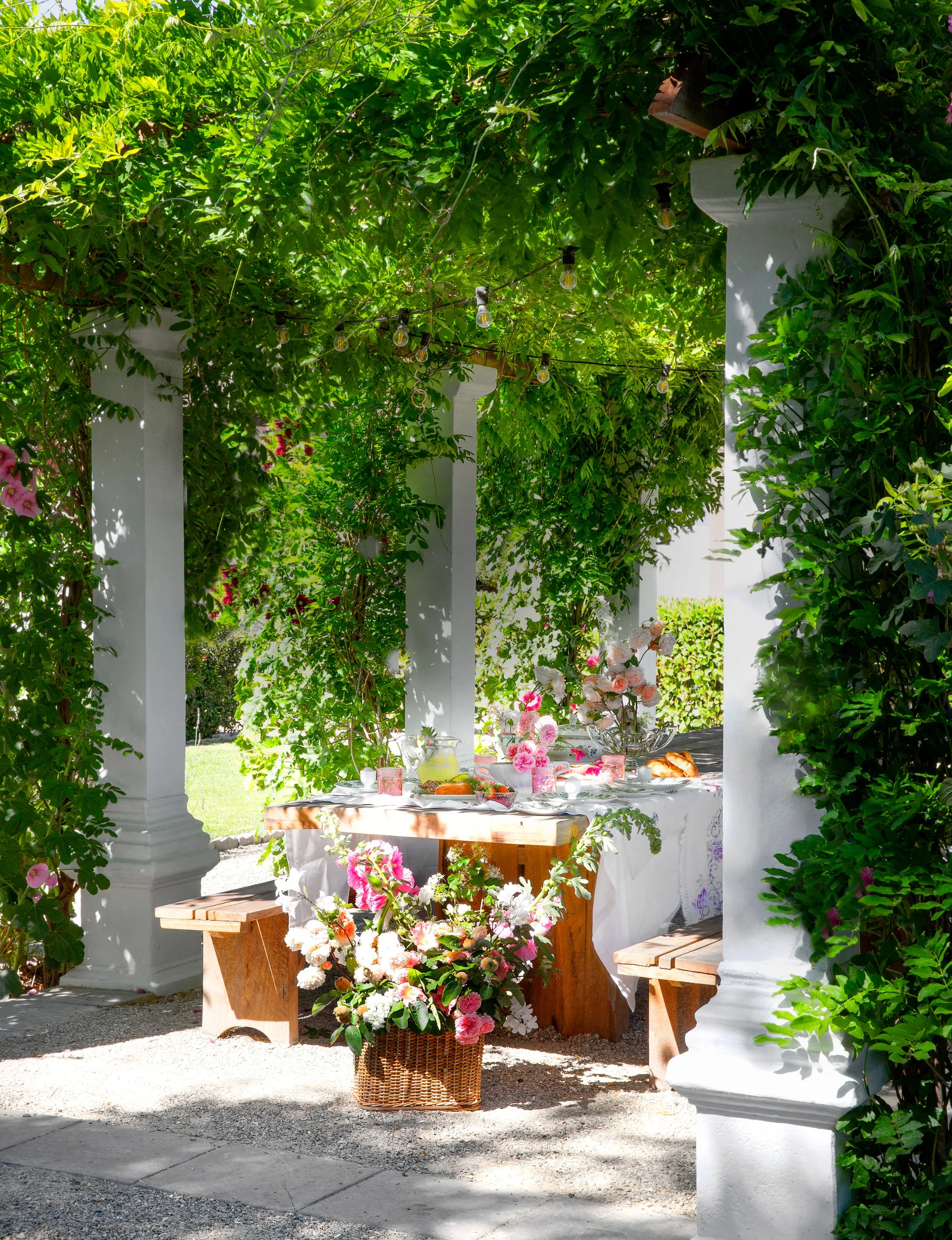 An outdoor table setting surrounded by lush green climbing plants.