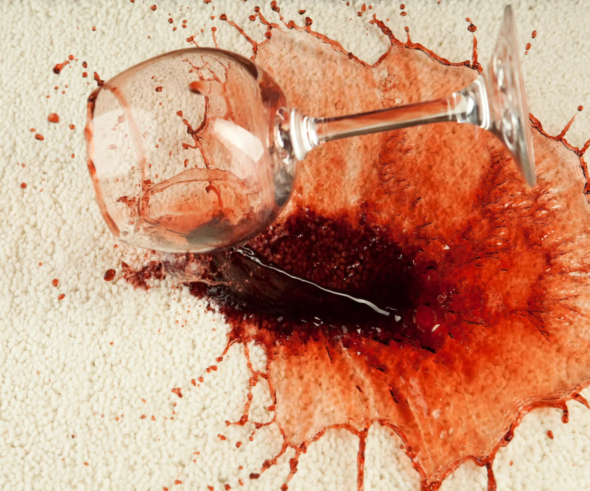 A glass of red wine falls on a white carpet causing a stain