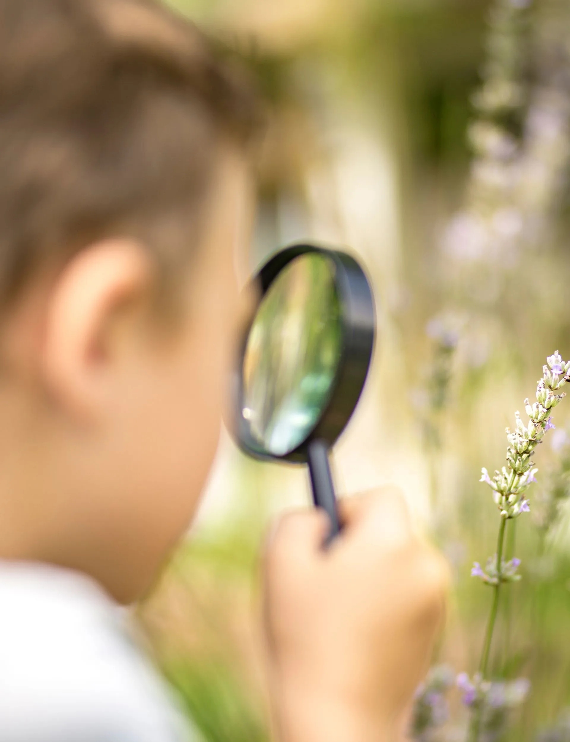 A kid looking through a magnifying glass at his gardening