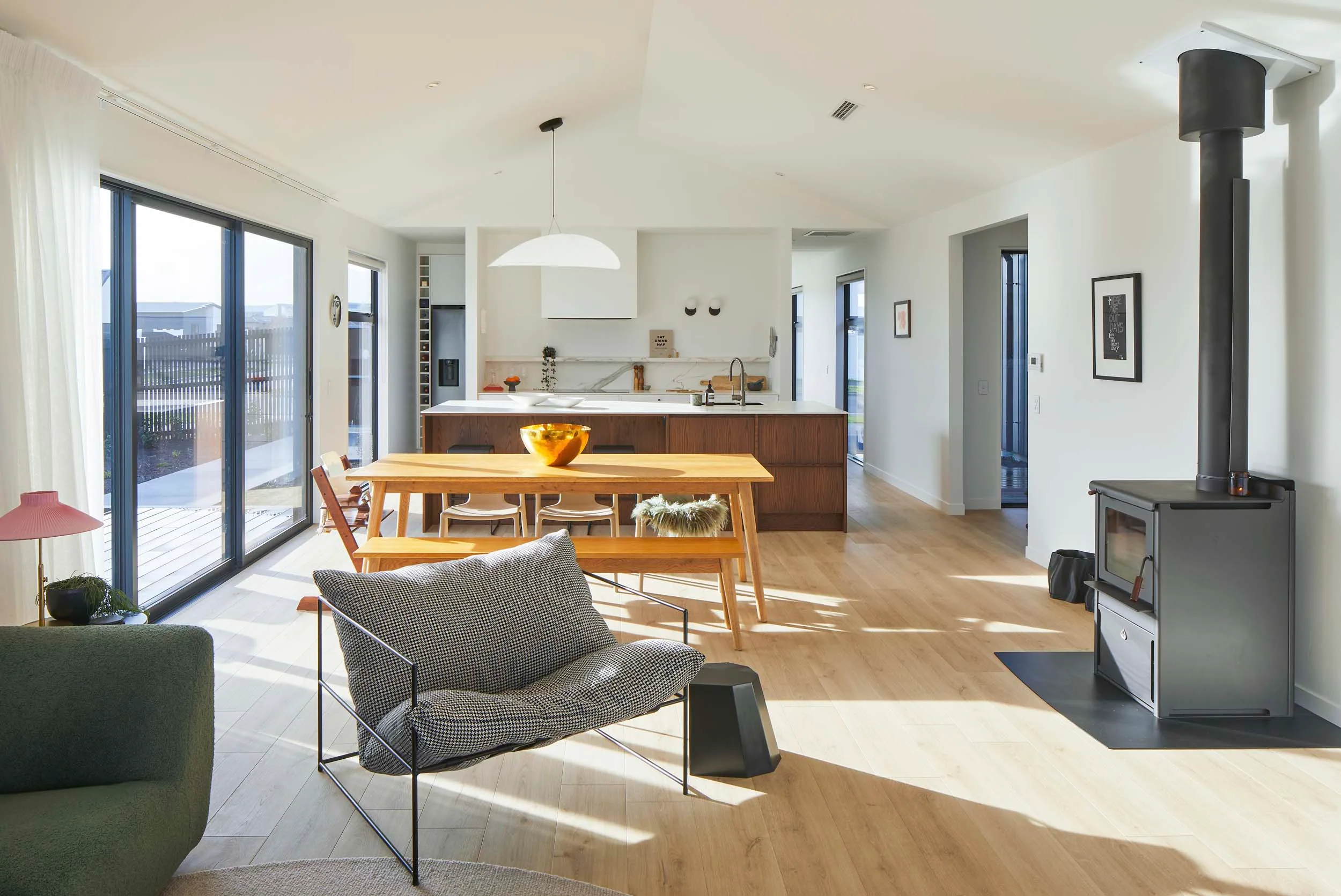 The view of the kitchen from the living room