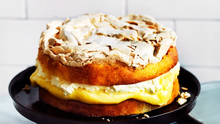 Lemon cake from popular bakery Flour and Stone with lemon curd and meringue