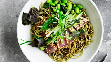 Sesame-crusted bonito noodle salad with edamame and green tea soba noodles