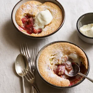 Rhubarb and strawberry puddings with ricotta gelato