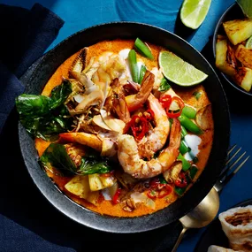 Caribbean coconut broth with prawns and fried aromatics