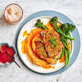 Pork katsu with sweet potato mash and gochujang-lime butter