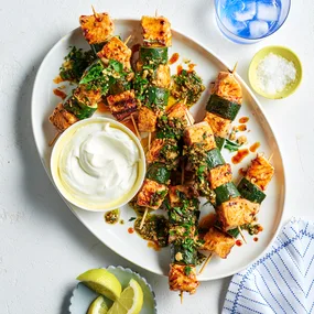 salmon skewers with za'atar and walnut salsa