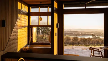 A view from inside the Chaser Studio in Basalt Orange, as the sun sets.