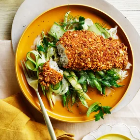 Almond-crusted snapper with buttermilk dressing and summer slaw