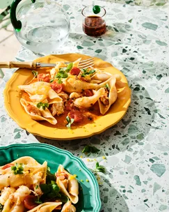 Conchiglie with moreton bay bugs, cherry tomatoes and chilli oil