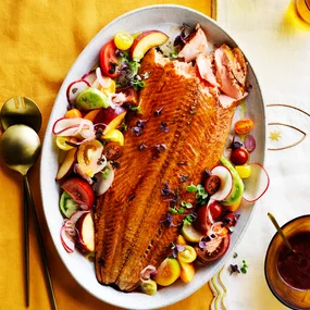 Ōra king salmon with tomato and peach salad