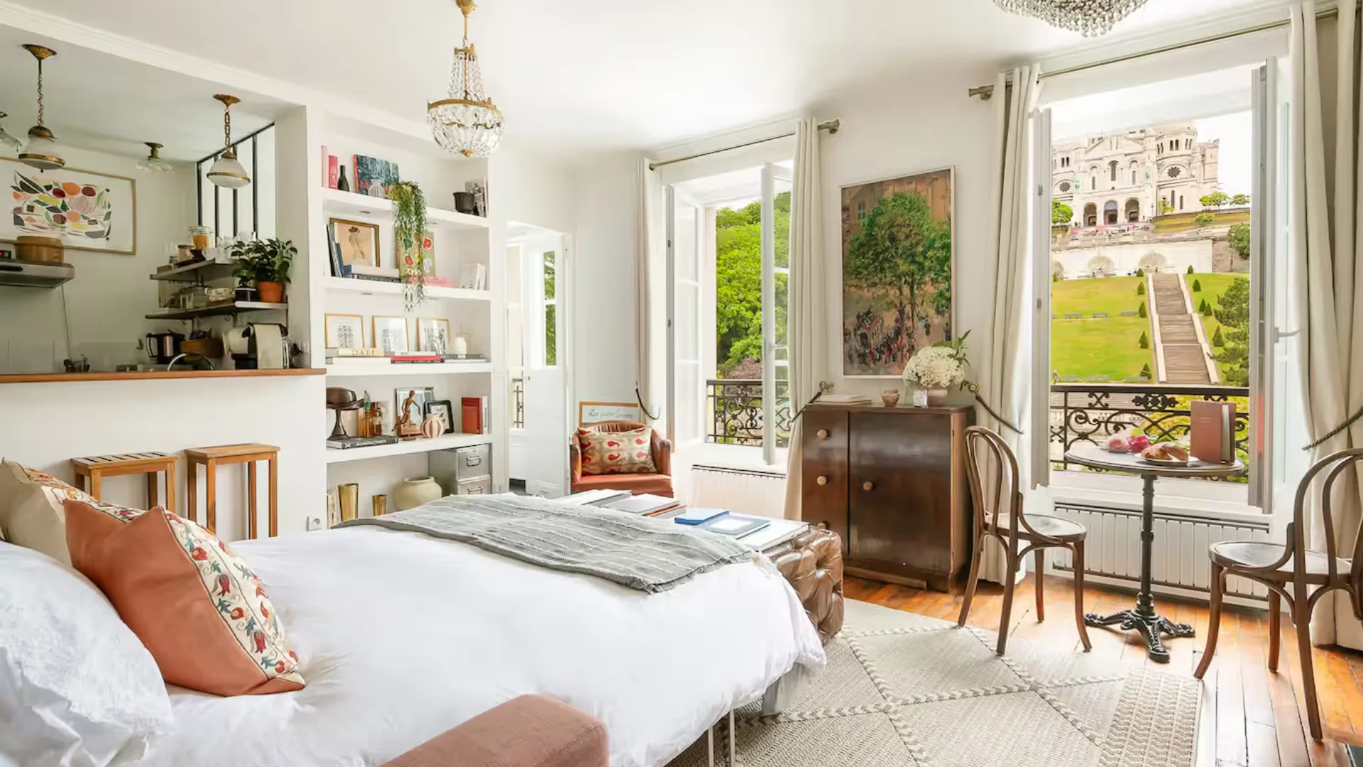 The living room of the apartment with views of Sacré Coeur.
