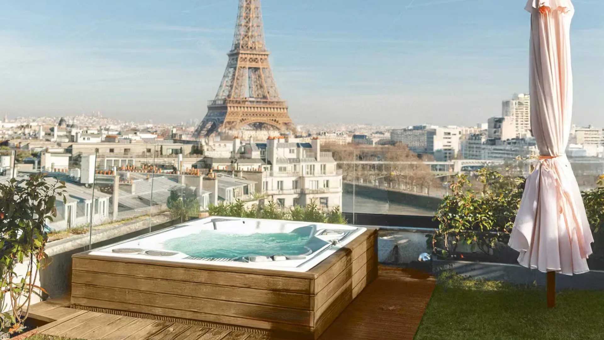 The private rooftop hot tub with views of the Eiffel Tower at this Airbnb in Paris.