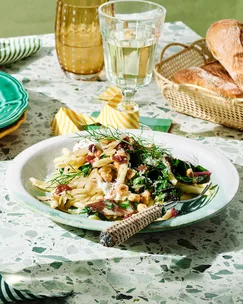 Rainbow chard and anchovy strozzapreti with salsa agrodolce