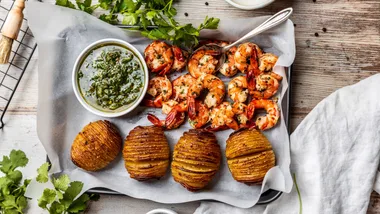 chimichurri prawns with hasselback potatoes