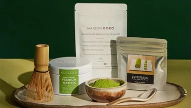 matcha green tea and accessories on display