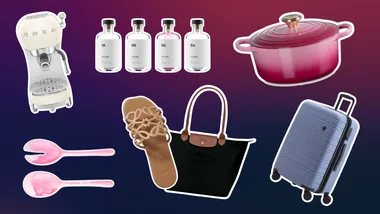 etched mother's day gifts including a smeg coffee machine, gin, le creuset casserole dish, salad servers, luggage. a canvas tote and sandals