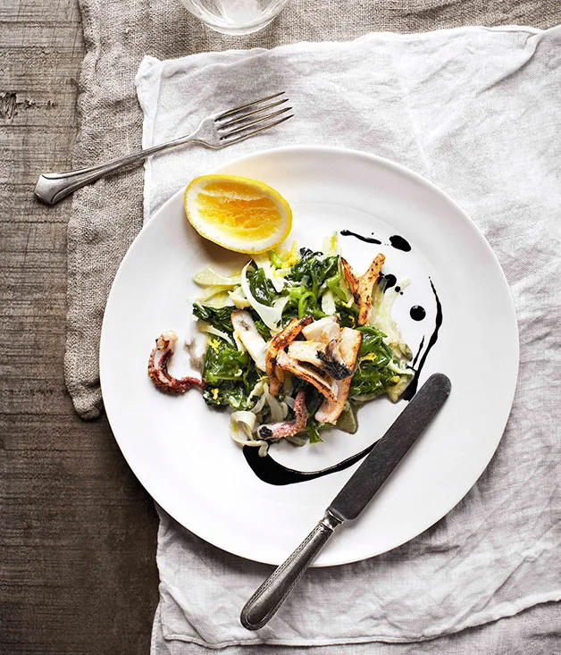 Calamari with lemon, garlic and Ceylon spinach