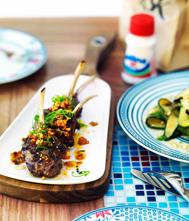 Char-grilled lamb with green chilli and sesame sauce