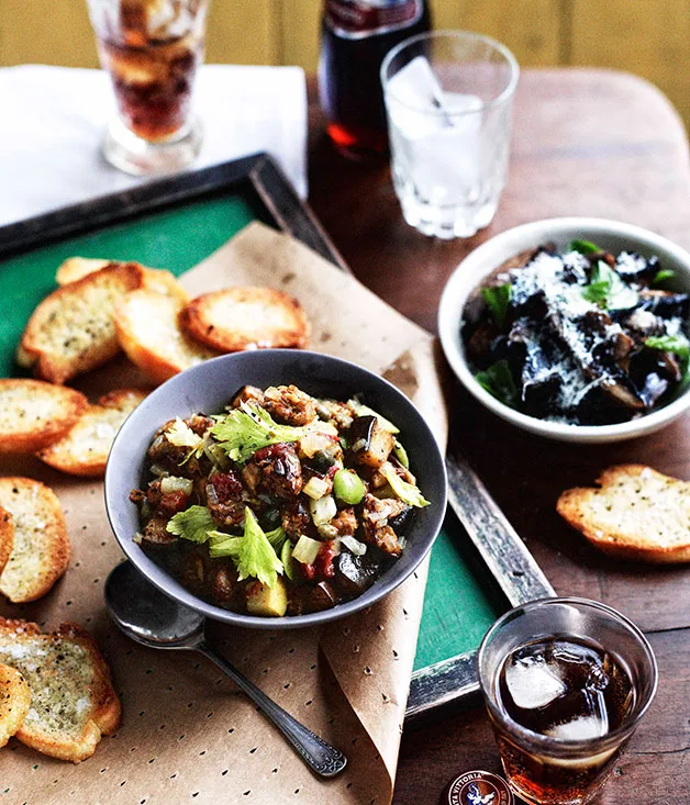 Capunata and sautéed preserved pine mushrooms with crostini
