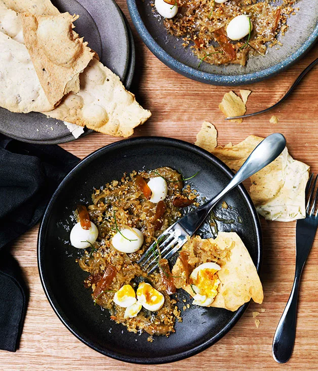Quail eggs with braised onions and bottarga
