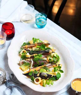 Smoked mackerel with palm heart salad and salsa golf