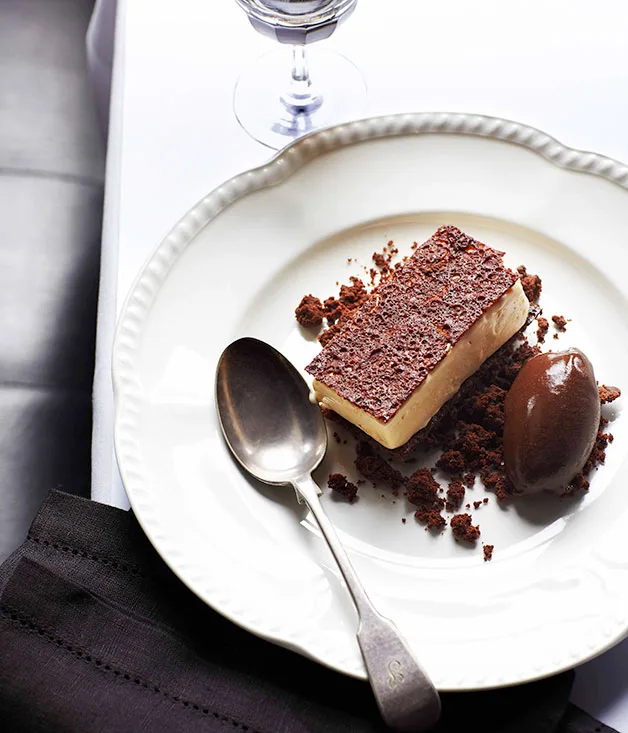 White chocolate parfait with chocolate sorbet