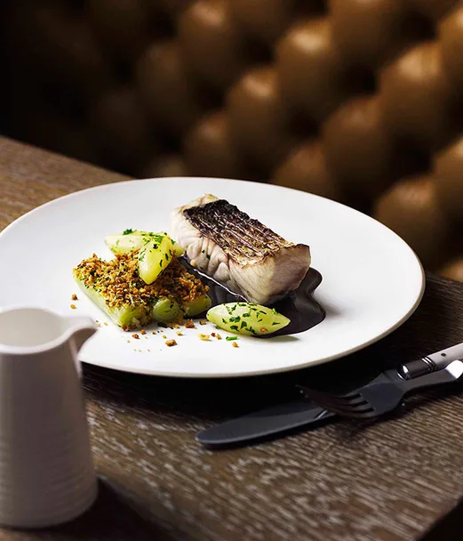 Grilled and poached wild barramundi with red wine sauce