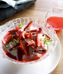 Rose geranium and lemon verbena cream with rhubarb and strawberries