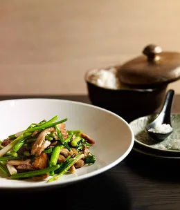 Neil Perry: Stir-fried salt pork with garlic chives and garlic stems