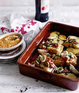 Salt cod a la llauna with rosemary potatoes and romesco