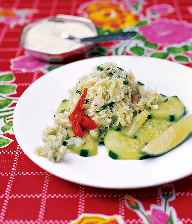 Shredded salt cod on a cucumber salad