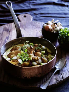 Slow-braised rabbit with roasted onions and buckwheat polenta