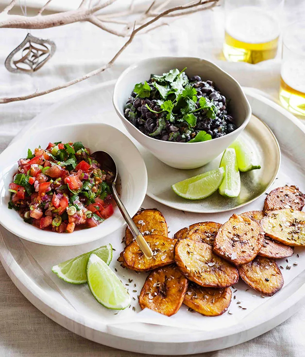 Tostones with black-bean mash