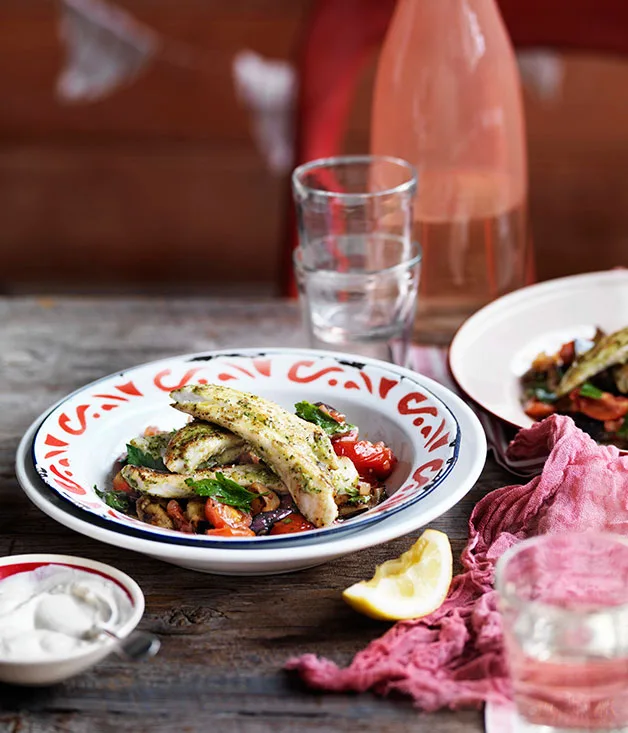 Chermoula flathead with eggplant and tahini yoghurt
