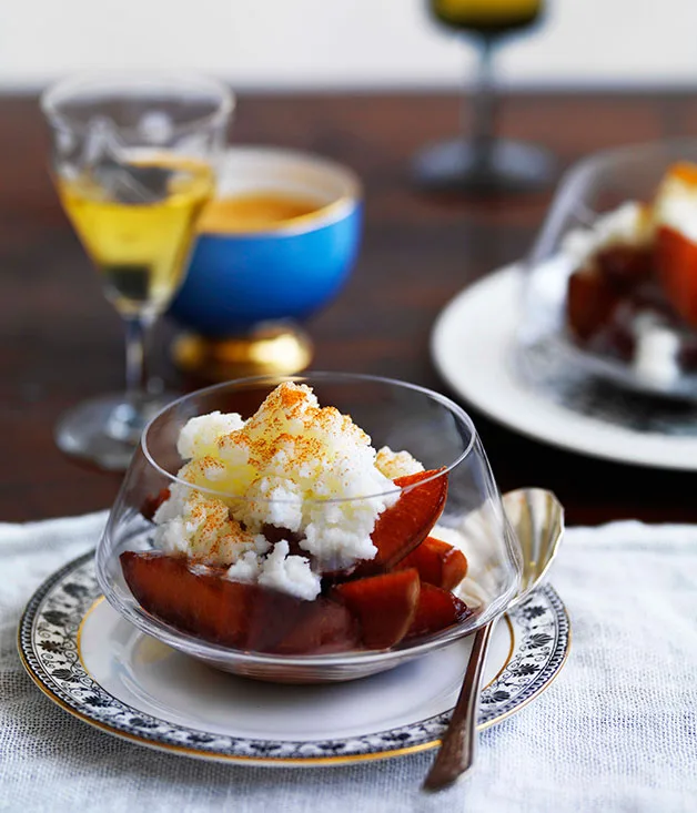 Leche merengada with spiced plums