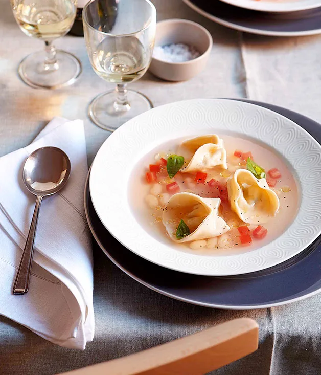 White tomato soup with goat’s cheese tortellini