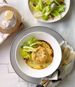 Double-baked Gruyère soufflé with Waldorf salad
