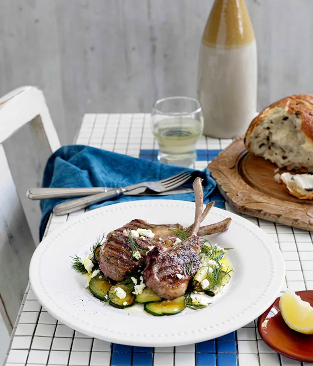Char-grilled lamb with zucchini, feta and dill