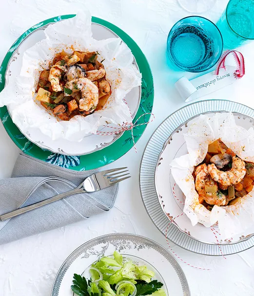 Turkish-style mussel and prawn pilaki with parsley salad